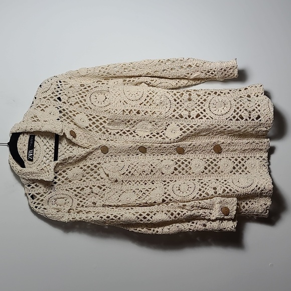 ZARA Open Crochet Cream Button Up Cardigan Shacket Coat Size Large - Picture 4 of 15